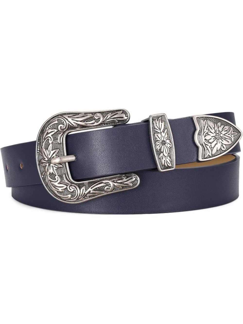 Women's Navy Blue Leather Belts Vintage Western Design Silver Buckle Waist Belt